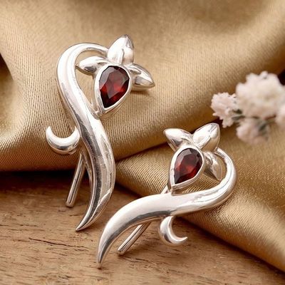 Alternate image for Ribbon-Themed Garnet Sterling Silver Drop Earrings Crimson Ribbon Swirls