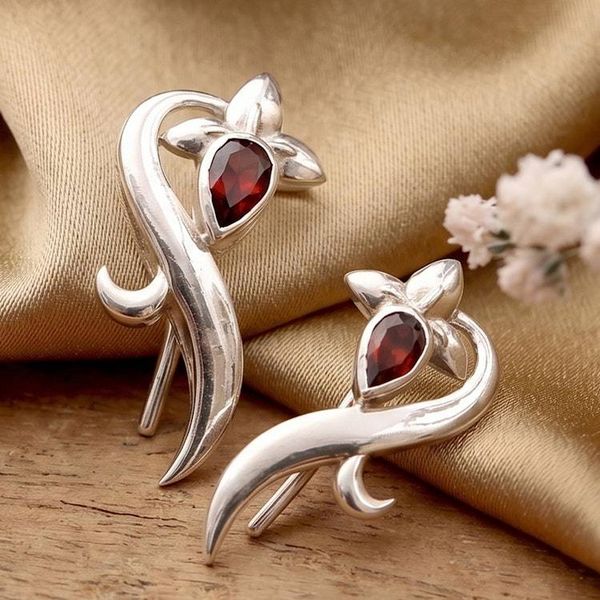 Alternate image for Ribbon-Themed Garnet Sterling Silver Drop Earrings Crimson Ribbon Swirls