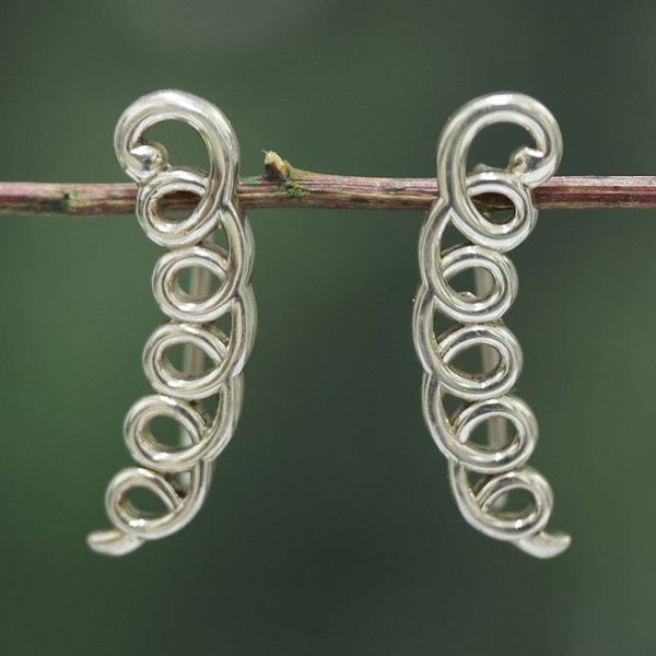 Alternate image for Silver Earrings with Curved Vertical Bars Openwork Circles Cascading Charm