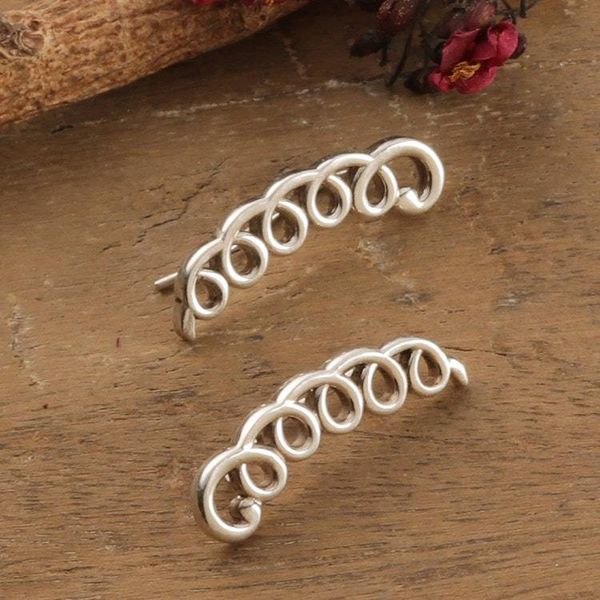 Alternate image for Silver Earrings with Curved Vertical Bars Openwork Circles Cascading Charm