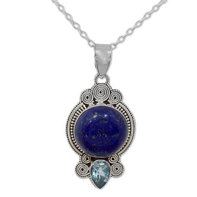 Alternate image for Hand Made Lapis Lazuli Blue Topaz Pendant Necklace India Glamorous Blue