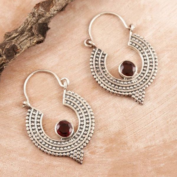 Alternate image for Oxidized Sterling Silver Hoop Earrings with Red Garnet Cradle Moon