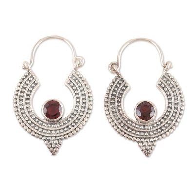 Alternate image for Oxidized Sterling Silver Hoop Earrings with Red Garnet Cradle Moon