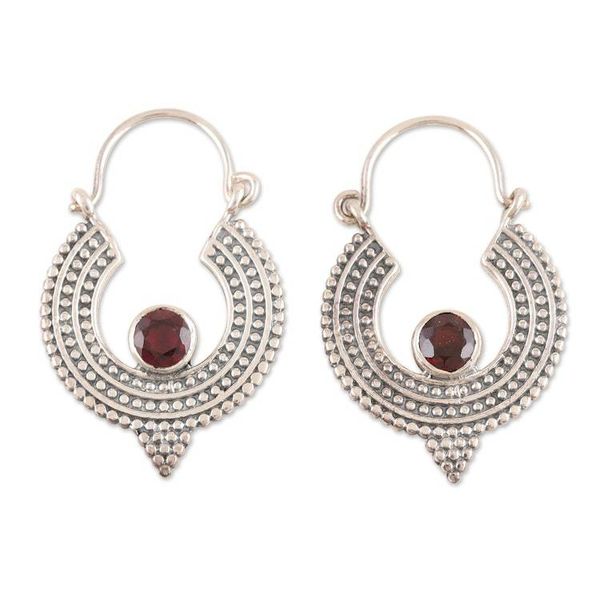 Alternate image for Oxidized Sterling Silver Hoop Earrings with Red Garnet Cradle Moon