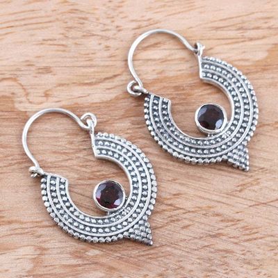 Alternate image for Oxidized Sterling Silver Hoop Earrings with Red Garnet Cradle Moon