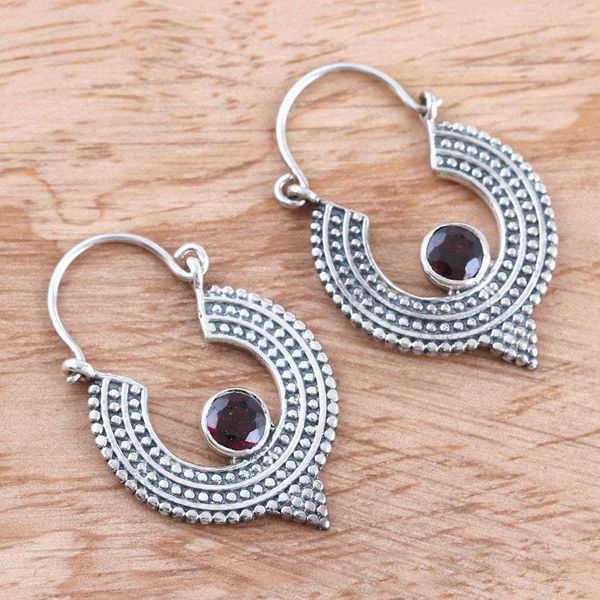 Alternate image for Oxidized Sterling Silver Hoop Earrings with Red Garnet Cradle Moon
