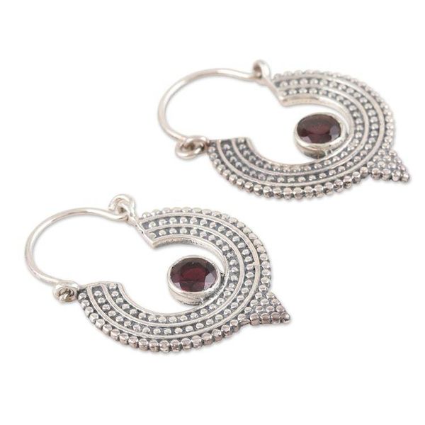 Alternate image for Oxidized Sterling Silver Hoop Earrings with Red Garnet Cradle Moon