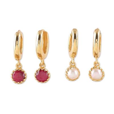 Alternate image for Set of 2 Gold-Plated Dangle Earrings with Ruby or Pearls Romance  Sea
