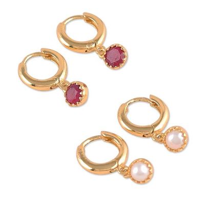 Alternate image for Set of 2 Gold-Plated Dangle Earrings with Ruby or Pearls Romance  Sea