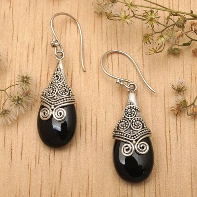 Alternate image for Onyx and Sterling Silver Dangle Earrings from Bali Misty Mountain
