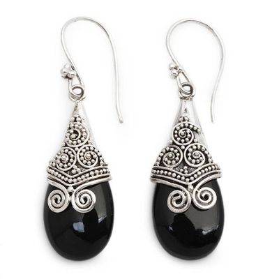 Alternate image for Onyx and Sterling Silver Dangle Earrings from Bali Misty Mountain