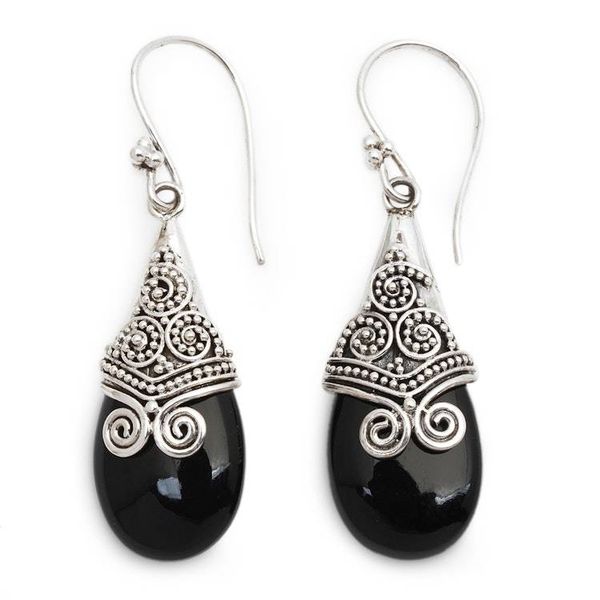 Alternate image for Onyx and Sterling Silver Dangle Earrings from Bali Misty Mountain