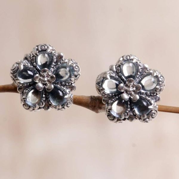 Alternate image for Floral Blue Topaz Button Earrings from Bali Five-Petaled Flower