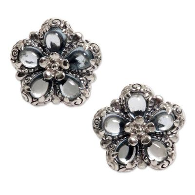 Alternate image for Floral Blue Topaz Button Earrings from Bali Five-Petaled Flower