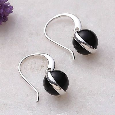 Alternate image for Minimalist Polished Onyx and Sterling Silver Dangle Earrings Enigmatic World