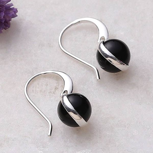 Alternate image for Minimalist Polished Onyx and Sterling Silver Dangle Earrings Enigmatic World