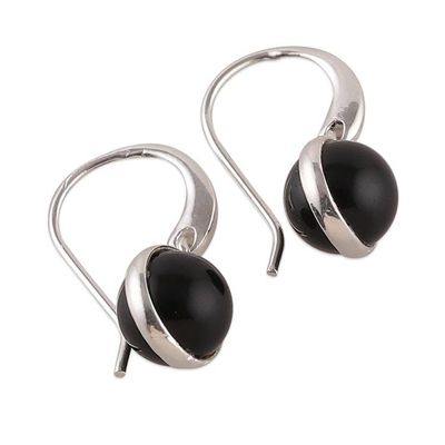 Alternate image for Minimalist Polished Onyx and Sterling Silver Dangle Earrings Enigmatic World
