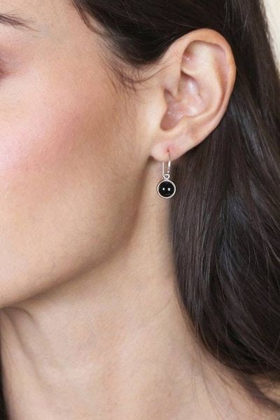 Alternate image for Minimalist Polished Onyx and Sterling Silver Dangle Earrings Enigmatic World