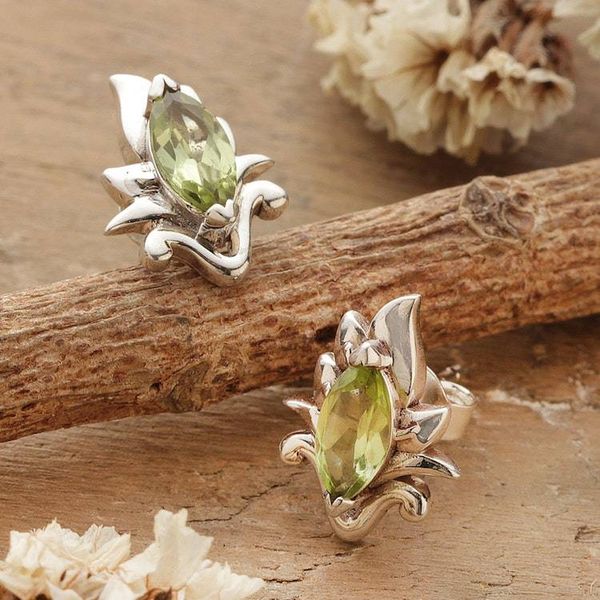 Alternate image for Peridot Silver Button Earrings with Budding Petal Theme Springbud Gleam