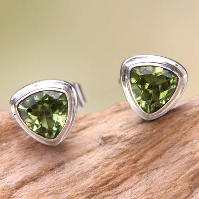 Alternate image for Artisan Designed Peridot Stud Earrings with Trillion Cut Green Trinity
