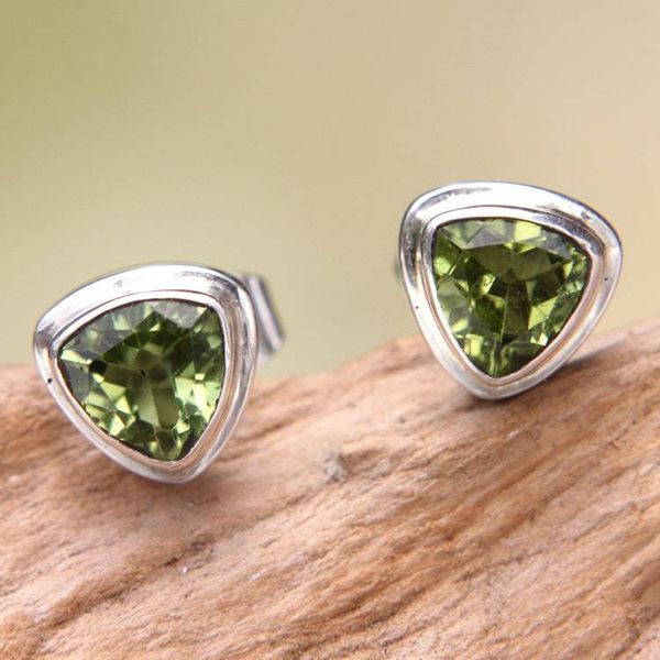 Alternate image for Artisan Designed Peridot Stud Earrings with Trillion Cut Green Trinity