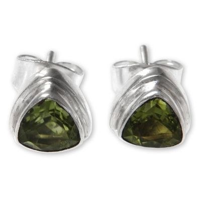 Alternate image for Artisan Designed Peridot Stud Earrings with Trillion Cut Green Trinity