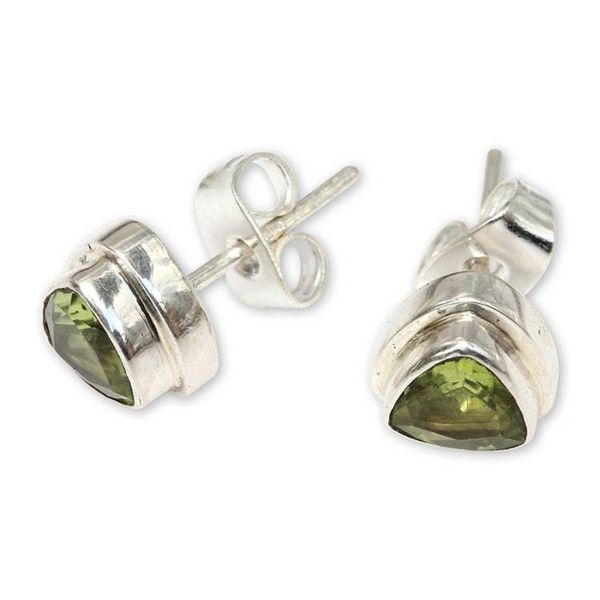Alternate image for Artisan Designed Peridot Stud Earrings with Trillion Cut Green Trinity
