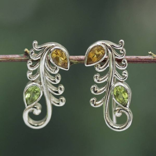 Alternate image for Feather Vine-Inspired Citrine Peridot Silver Drop Earrings Serene Whispers