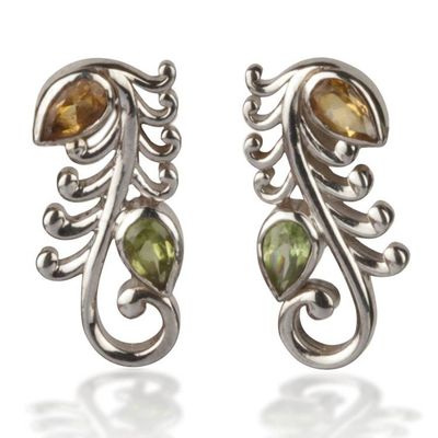 Alternate image for Feather Vine-Inspired Citrine Peridot Silver Drop Earrings Serene Whispers