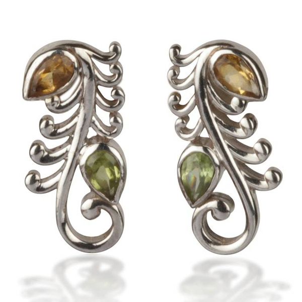 Alternate image for Feather Vine-Inspired Citrine Peridot Silver Drop Earrings Serene Whispers