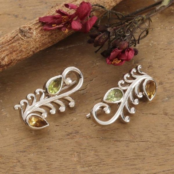Alternate image for Feather Vine-Inspired Citrine Peridot Silver Drop Earrings Serene Whispers