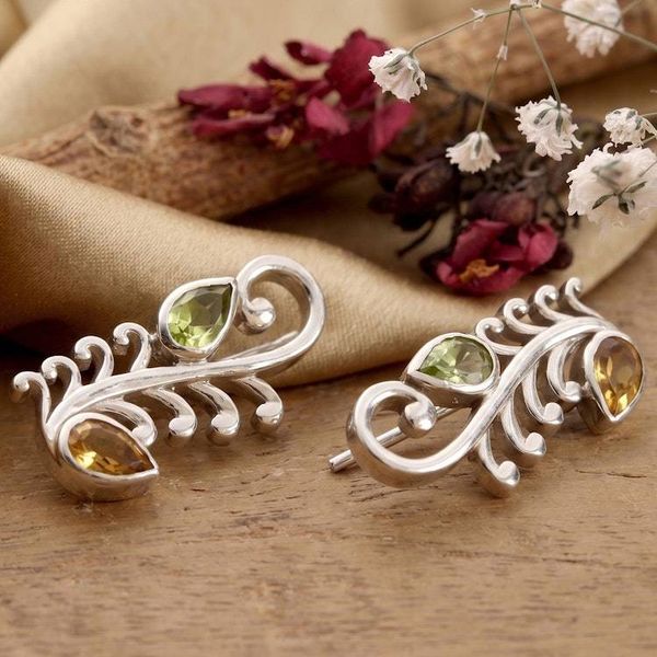Alternate image for Feather Vine-Inspired Citrine Peridot Silver Drop Earrings Serene Whispers