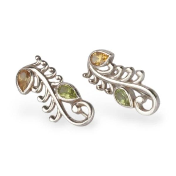 Alternate image for Feather Vine-Inspired Citrine Peridot Silver Drop Earrings Serene Whispers