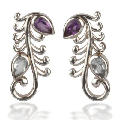 Alternate image for Amethyst Blue Topaz Silver Feather Vine-Themed Drop Earrings Celestial Whispers
