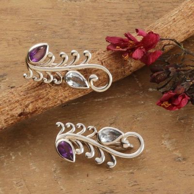 Alternate image for Amethyst Blue Topaz Silver Feather Vine-Themed Drop Earrings Celestial Whispers