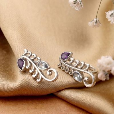 Alternate image for Amethyst Blue Topaz Silver Feather Vine-Themed Drop Earrings Celestial Whispers