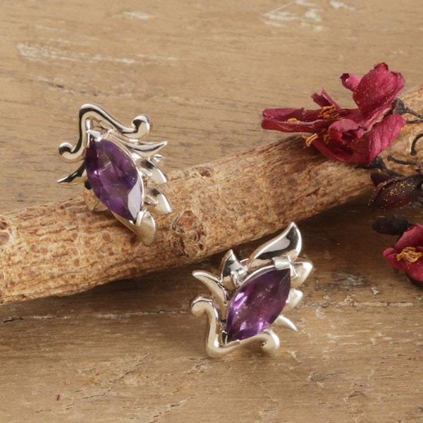 Alternate image for Floral Silver Button Earrings with Marquise-Shaped Amethyst Springbud Dazzle