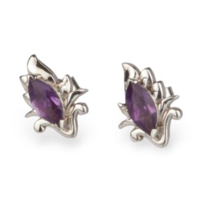 Alternate image for Floral Silver Button Earrings with Marquise-Shaped Amethyst Springbud Dazzle