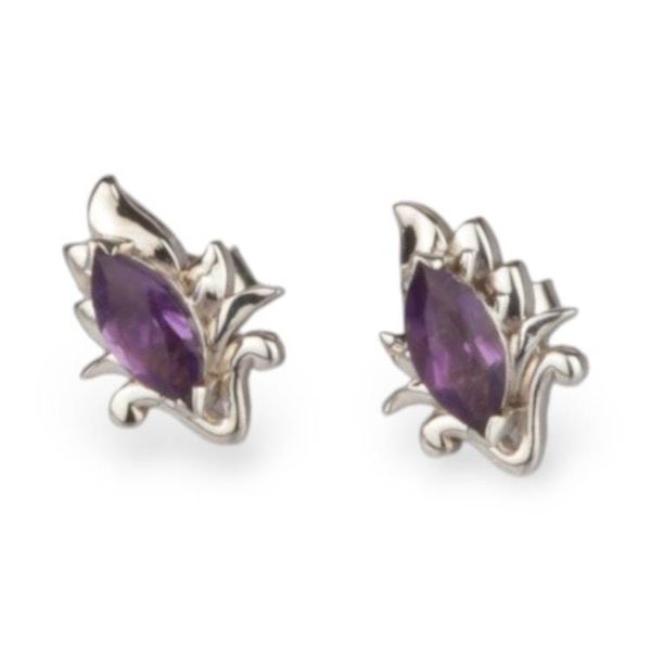 Alternate image for Floral Silver Button Earrings with Marquise-Shaped Amethyst Springbud Dazzle