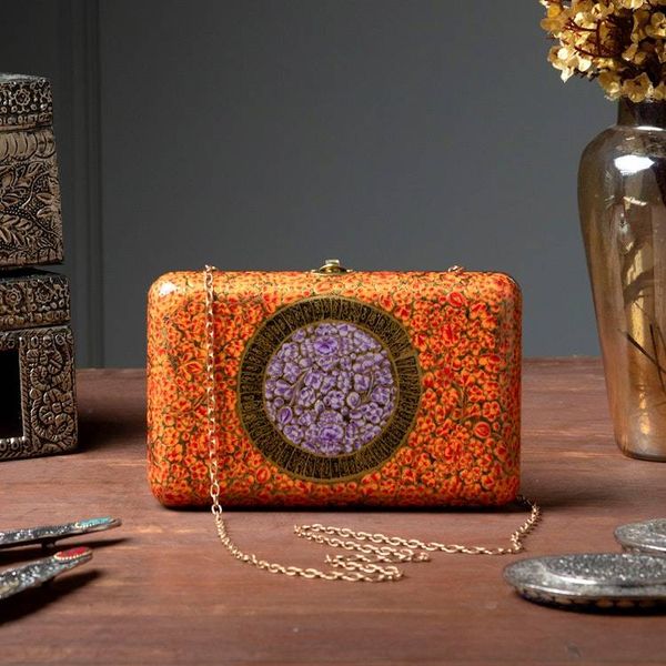 Alternate image for Floral-Themed Wood Papier Mache Sling and Clutch Evening Bag Saffron Hazara