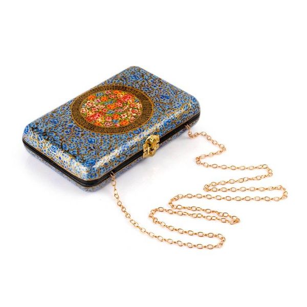 Alternate image for Wood Papier Mache Sling and Clutch Evening Bag in Blue Shade Azure Hazara