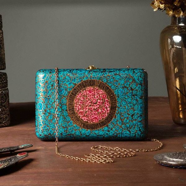 Alternate image for Turquoise Floral Wood Papier Mache Sling Clutch Evening Bag Turquoise Hazara