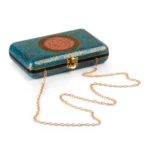Alternate image for Turquoise Floral Wood Papier Mache Sling Clutch Evening Bag Turquoise Hazara