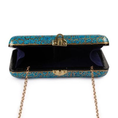 Alternate image for Turquoise Floral Wood Papier Mache Sling Clutch Evening Bag Turquoise Hazara