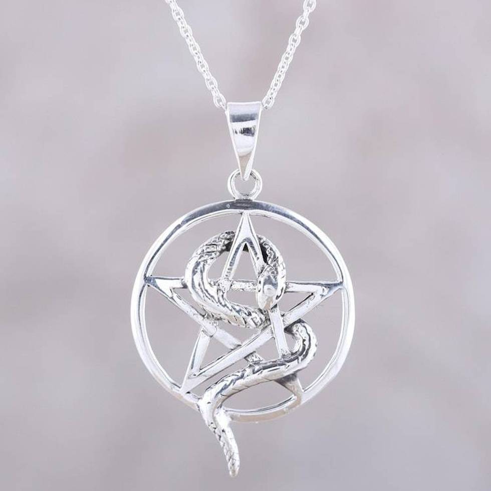 Snake and Star Sterling Silver Pendant Necklace from India 'Serpent and Star'