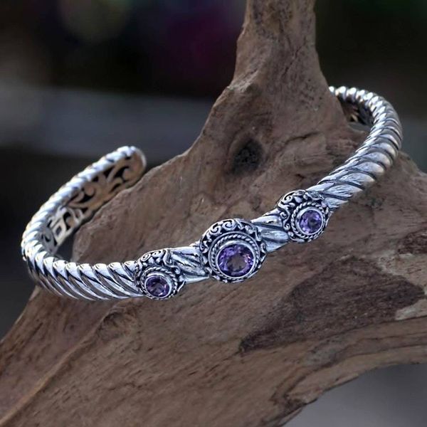 Alternate image for Amethyst and Sterling Silver Cuff Bracelet from Bali Triple Crown in Purple