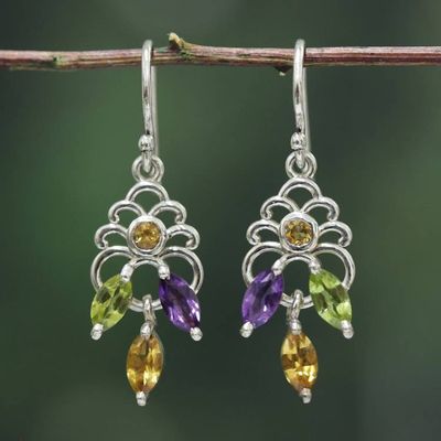 Alternate image for Peridot Citrine Amethyst Silver Jali Chandelier Earrings Celestial Bloom