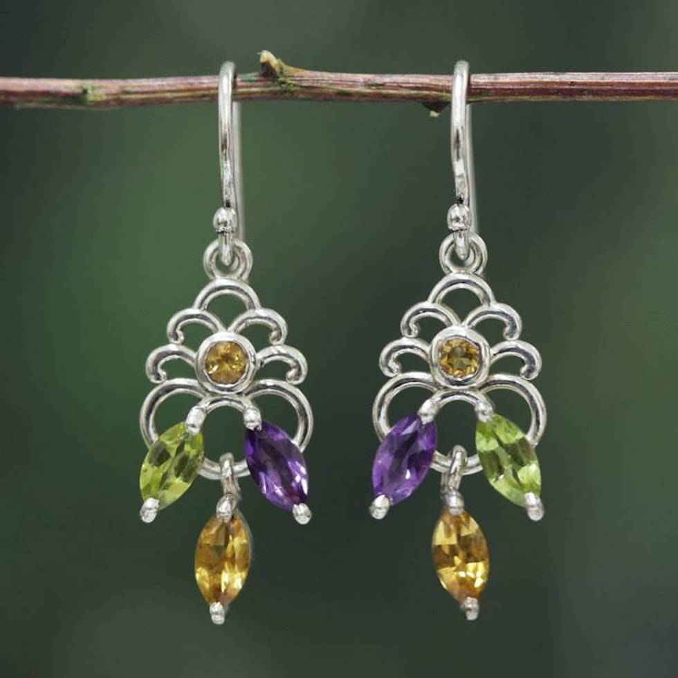 Peridot Citrine Amethyst Silver Jali Chandelier Earrings 'Celestial Bloom'