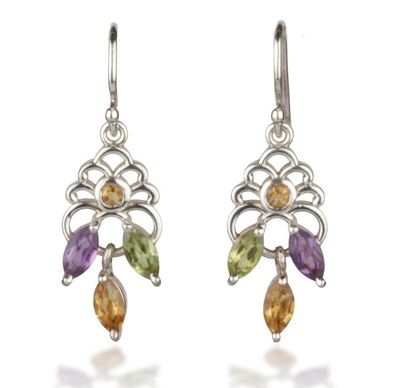 Alternate image for Peridot Citrine Amethyst Silver Jali Chandelier Earrings Celestial Bloom