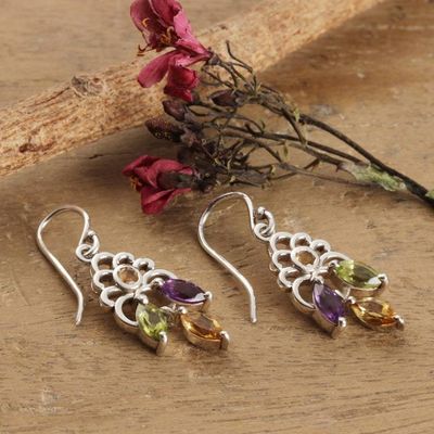 Alternate image for Peridot Citrine Amethyst Silver Jali Chandelier Earrings Celestial Bloom